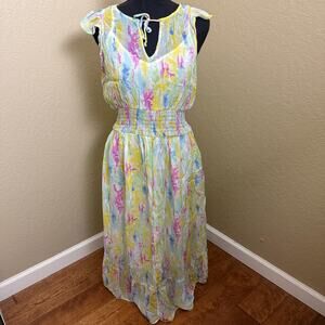 By Anthropologie Watercolor Print Maxi Dress Smocked Waist Flutter Sleeves 6P